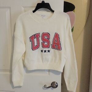 Grayson Threads SzLG Cotton Crop White USA Graphic Lg Sleeve Scoop Neck Sweater